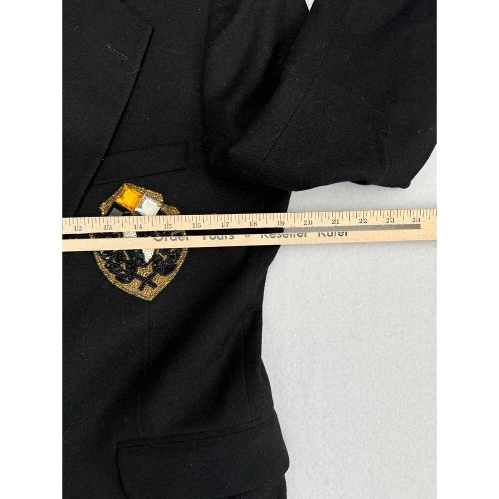 Over Qualified Blazer Womens 8 Embellished Crest Gold Braid Black Wool - Picture 10 of 11